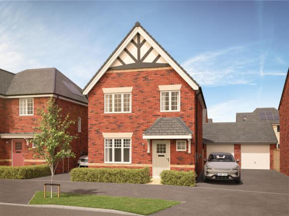 A modern red brick house with a pitched roof and white-trimmed windows stands in the foreground