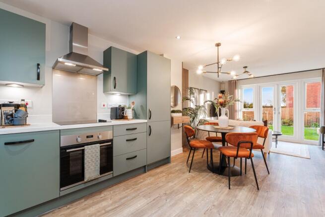 Interior view of the open plan kitchen & dining in our 2 bed Denford home