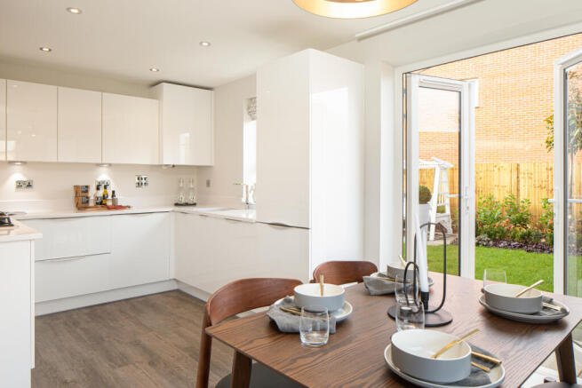 Inside view of open plan kitchen. Moresby. 3 bed home.