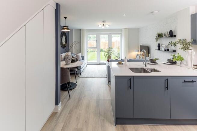 Open kitchen, dining and living area