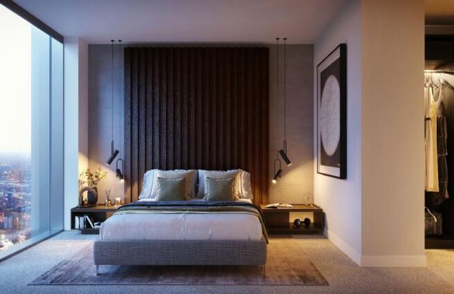 Elegant master bedroom with stunning city views...