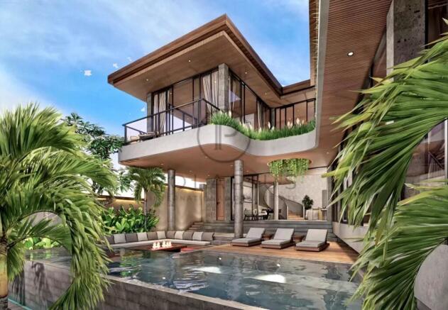 Modern luxury villa with floor-to-ceiling windows,