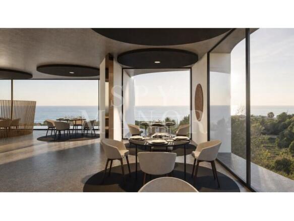 Fine dining restaurant design in Ferragudo Algarve. Spacious room with round tables and panoramic frontline ocean views.