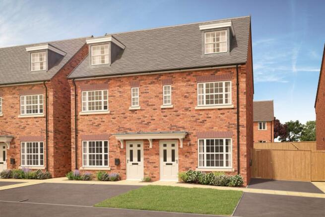 A pair of modern brick semi-detached houses with white doors and dormer windows stand on a paved dri