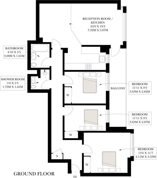 3-bed Apartment with a balcony, Eaton Manor, Hove floorplan