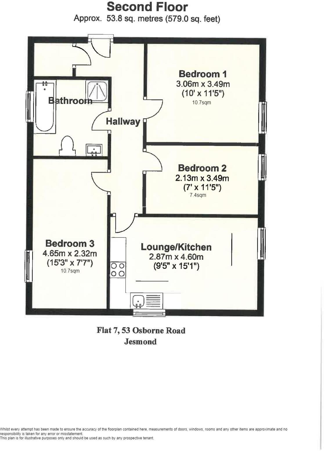 Flat 7, 53, Osborne Road NE2 2AH floorplan