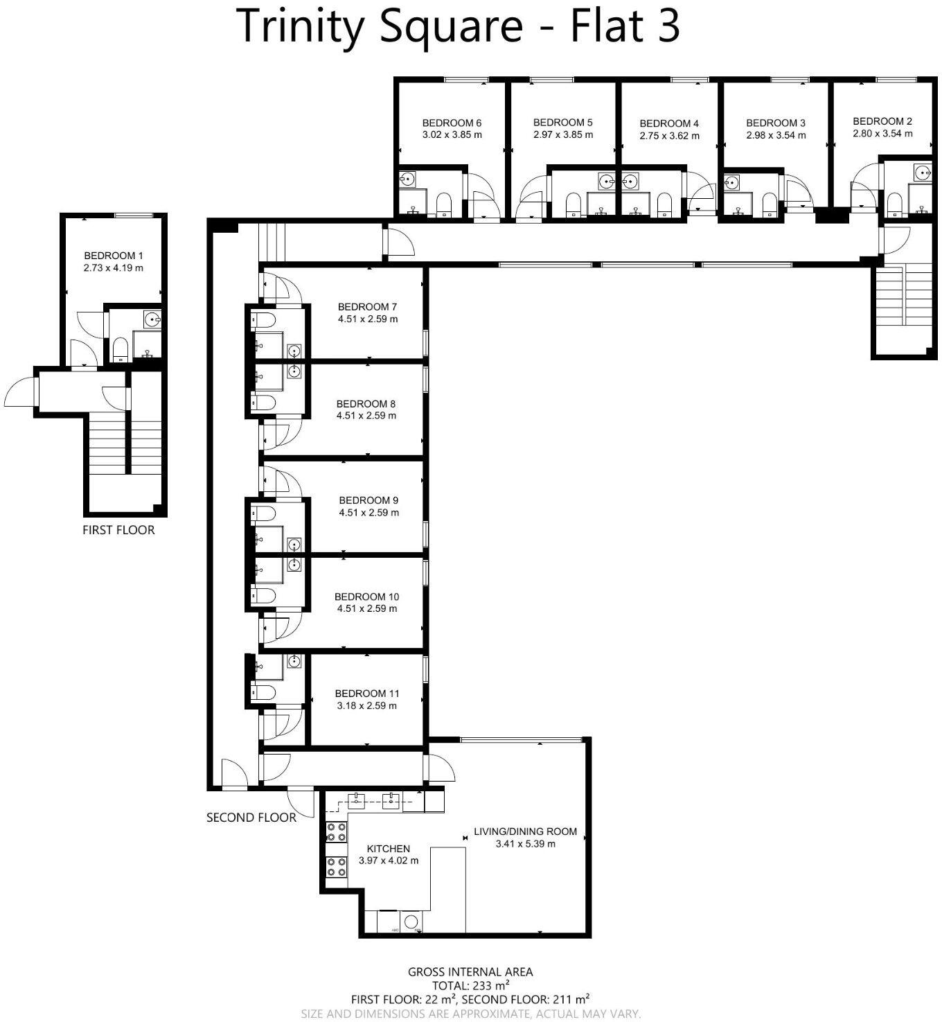 Flat 3 , Trinity Square, 11 Ensuite bedrooms, CV32 5GY floorplan