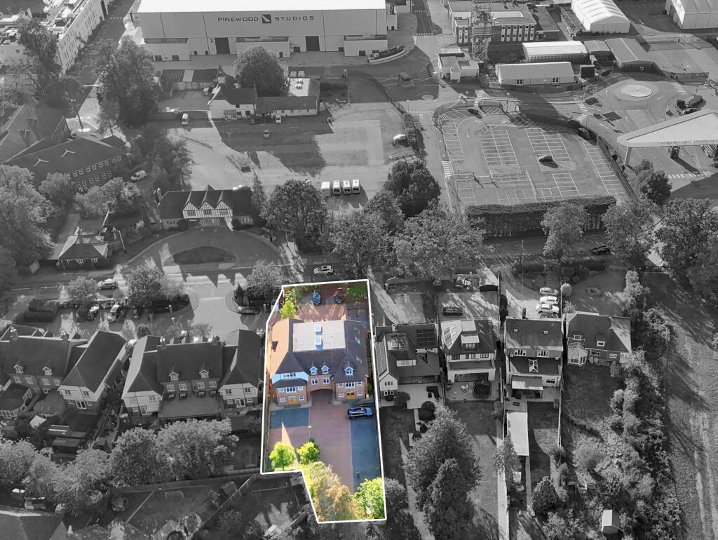 Drone view towards rear and showing Pinewood Studios