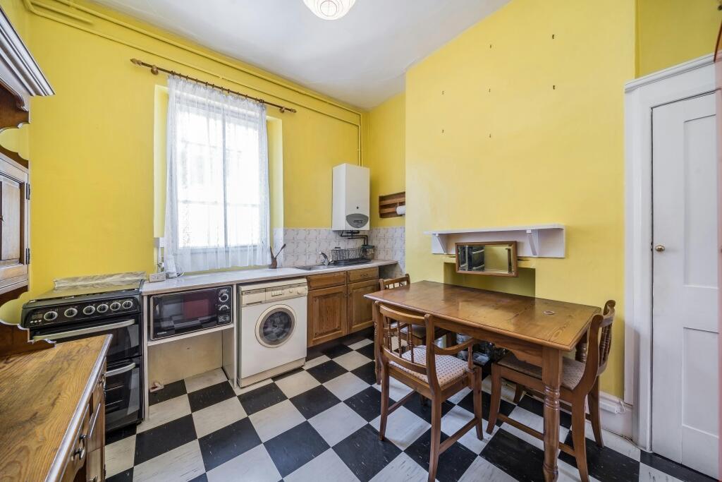 255 Grays Inn Road Vintage Kitchen With Bright Yellow Walls And Checkered Floor.jpg