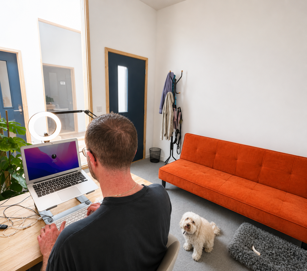 Compact space, ideal for small creative or office use, with an internal viewing window overlooking the hallway.