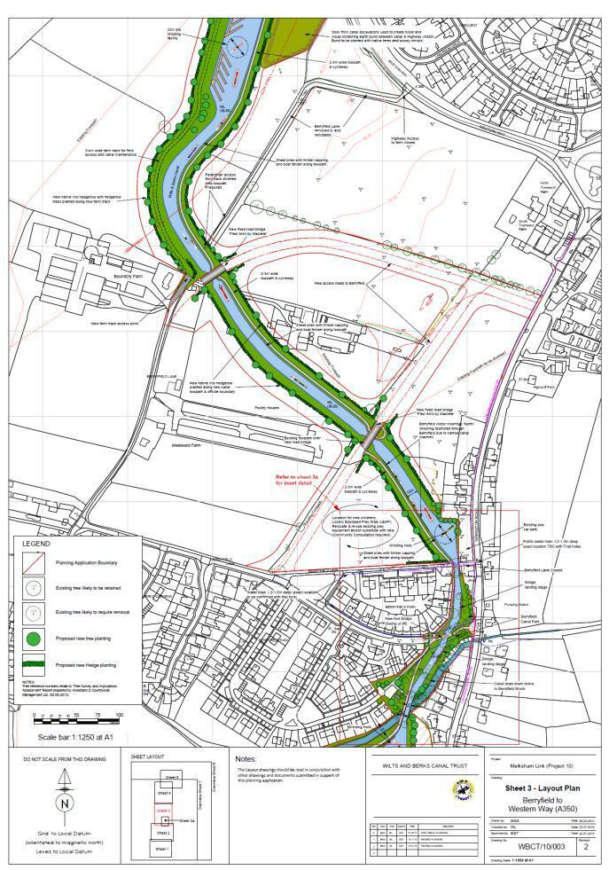 Canal link plan. Wilts & Berks Canal Trust, Melksham Link: Sheet 3 Layout Plan (WBCT/10/003). Safeguarded canal route along the eastern boundary.