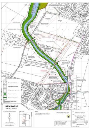 Canal link plan. Wilts & Berks Canal Trust, Melksham Link: Sheet 3 Layout Plan (WBCT/10/003). Safeguarded canal route along the eastern boundary.