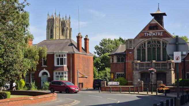 Minster Towers (8 Lord Roberts Road) and adjacent East Riding Theatre. Beverley Minster in the background