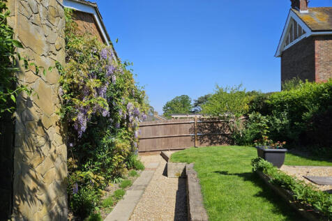 rear garden with in bloom wisteria