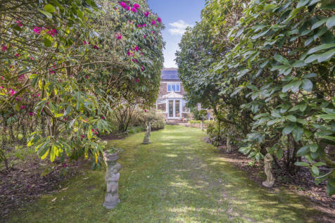 South facing rear garden with an array of mature trees, shrubs and fruit trees as well as large lawned area