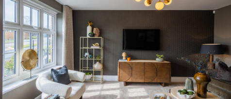 Modern living room with a dark accent wall, mounted TV, beige armchair, gold shelving unit, and deco