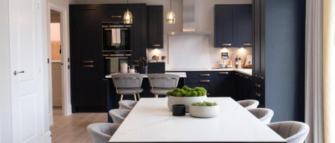 Modern kitchen with dark cabinets, white island, and cosy dining area with chairs and decorative pla