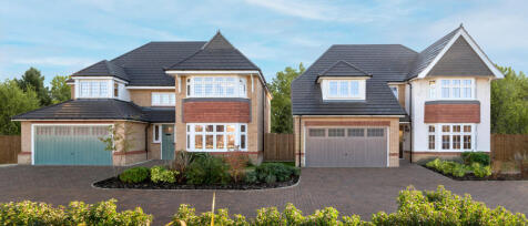 Two modern detached houses with brick and white finishes, bay windows, and grey tiled roofs, set in