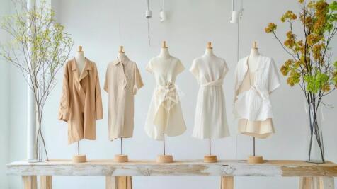 Stylish display of elegant clothing on mannequins,