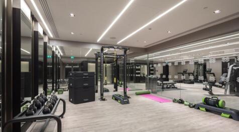 A modern, well-equipped gym featuring kettlebel...