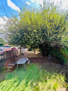 A spacious and sunlit garden area featuring a l...