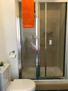This stylish bathroom features a sleek shower e...