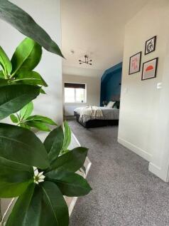 A bright and inviting master bedroom featuring ...