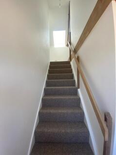 A clean and well-maintained carpeted staircase ...