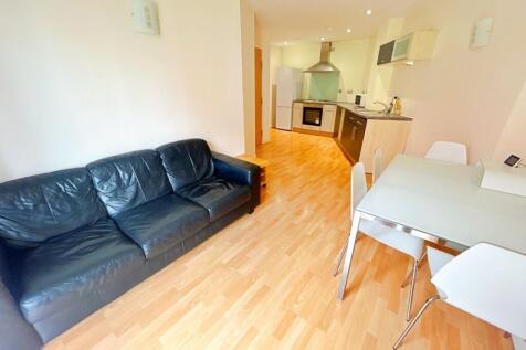 A modern open-plan living room and kitchen area...