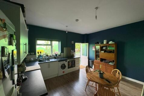 A cozy kitchen with dark teal walls, modern whi...