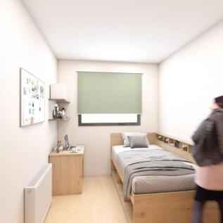A neat and modern single bedroom featuring a wo...