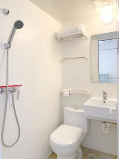 Bright and clean bathroom featuring a modern sh...