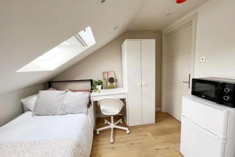 Bright and cozy single bedroom featuring a skyl...