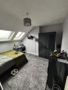 A cozy and well-lit bedroom with skylight windo...