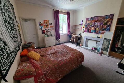 A spacious and inviting bedroom featuring a lar...