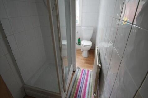 A compact, clean bathroom featuring a walk-in s...