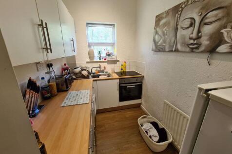 Bright, modern galley kitchen with wood-effect ...