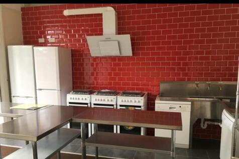A modern kitchen with red tiled walls and stain...