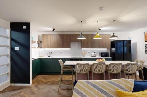 Contemporary open-plan kitchen with a long isla...