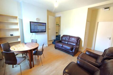 Bright, well-furnished living room with leather...