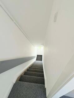 Bright, freshly painted staircase with neutral ...