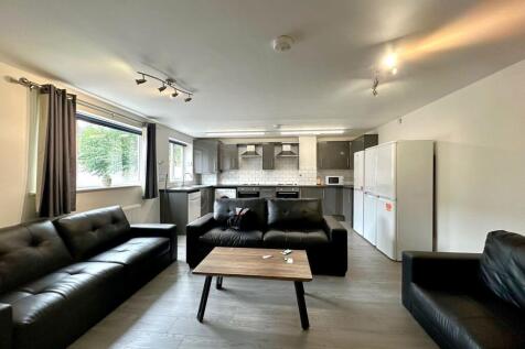 Spacious open-plan living area with modern grey...