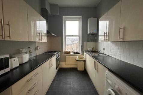 Bright, modern galley kitchen with sleek white ...