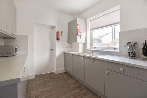 Bright, modern galley kitchen with pale grey ca...