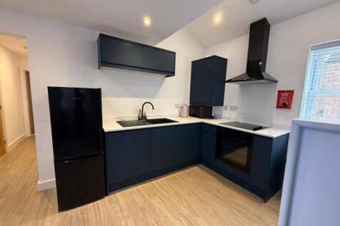 Contemporary galley-style kitchen with sleek da...