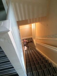 Well-maintained staircase featuring striped car...