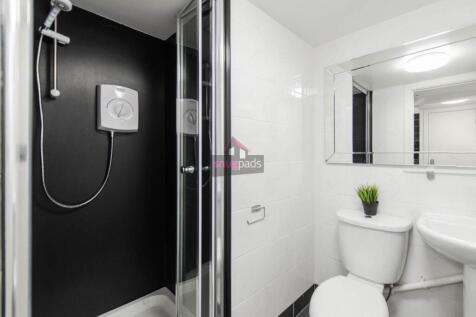 A clean and modern bathroom with a spacious sho...