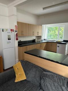 Modern kitchen with wooden cabinets, a large wi...
