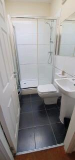 Bright, modern bathroom featuring a glass-enclo...