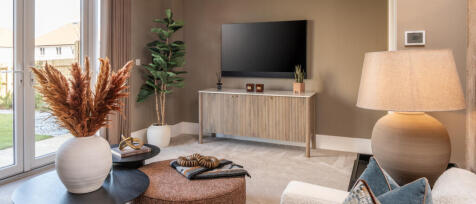 Modern living room with beige walls, large TV, potted plants, and decorative items, featuring soft l